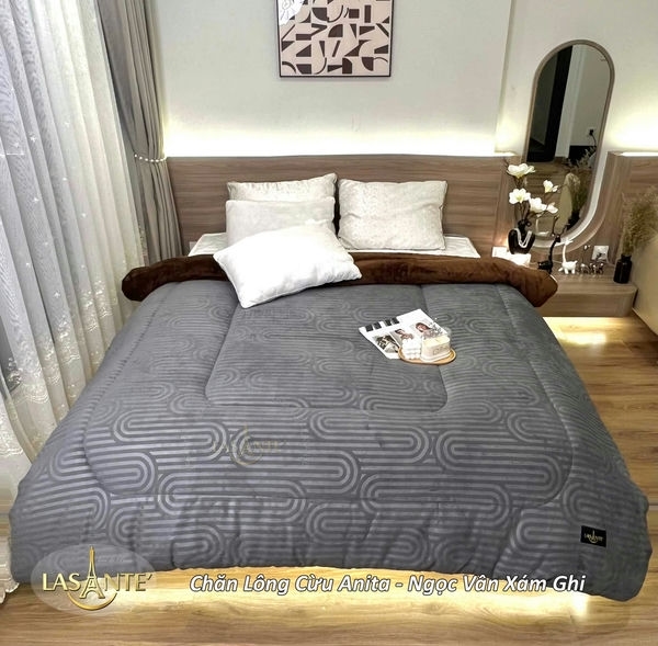 Chăn lông cừu Lasante Anita Ngọc Vân xám ghi